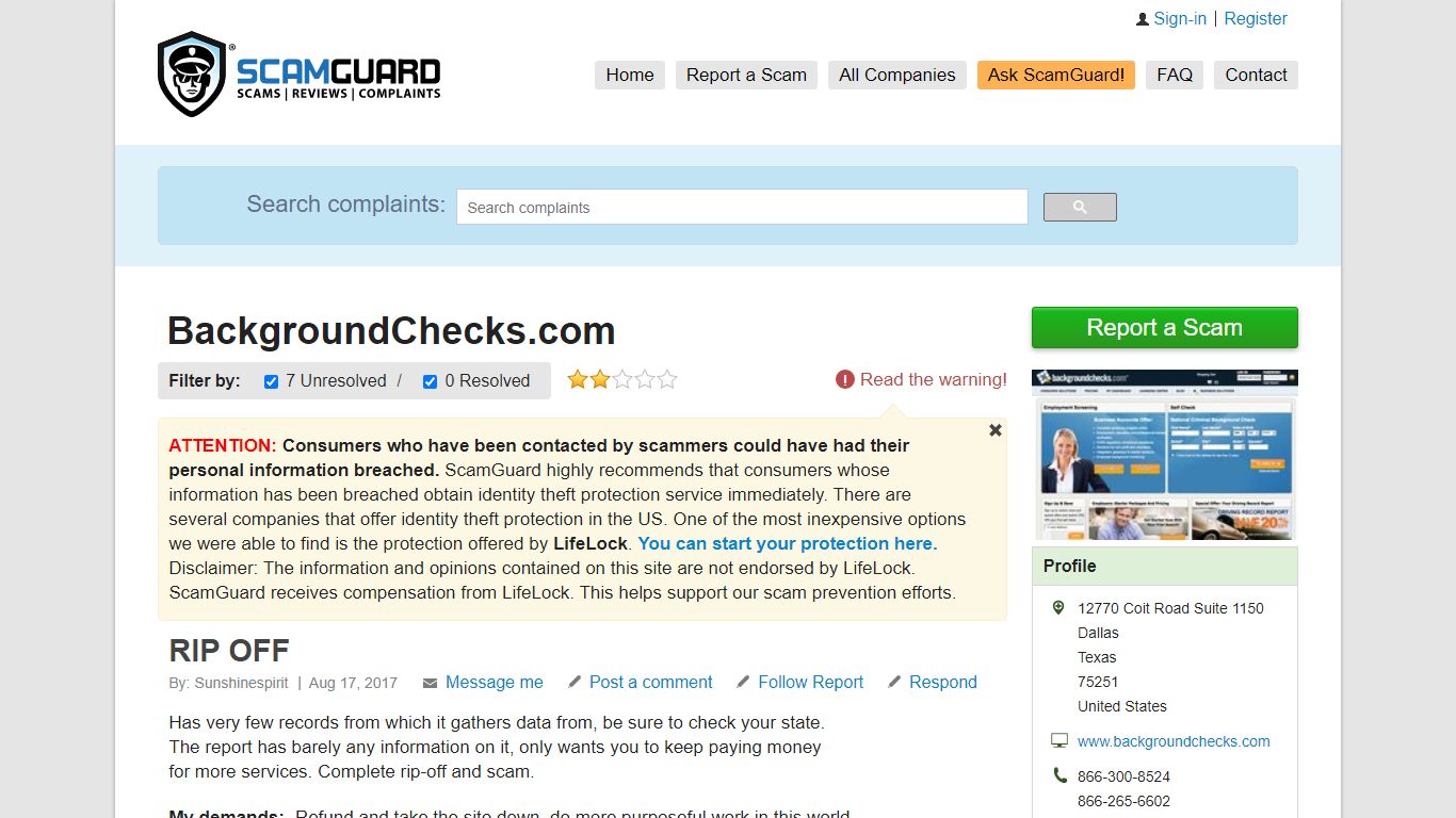 BackgroundChecks.com >> 7 complaints & reviews | SCAMGUARD™